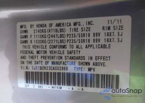 2012 Acura Rdx из США, поврежденный, VIN 5J8TB2H23CA002866